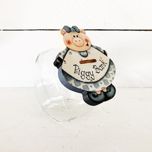 Vintage Country Kitchen Glass "Piggy" Bank Jar Wooden and Glass Country Themed Glass Jar Piggy Bank