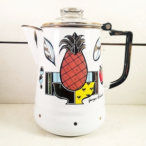 Vintage Georges Briard Enamelware Coffee Pot/Farmhouse Kitchen Enamel Decorative Coffee Percolator/Shabby Chic Mid Century Enamel Coffee Pot