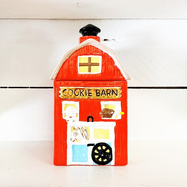 Vintage Large Red Cookie Barn Themed Ceramic Cookie Jar/Ceramic Kitchen Cookie Jar/Farm Cookie Jar