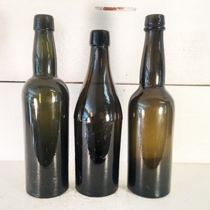 Collection of 3 Antique Green &quot;Black Glass&quot; Bottles/Farmhouse Kitchen Deep Olive Green Bottles From the 1800&#39;s Collectible Glass Bottles