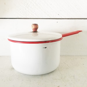 Mid Sized Rustic White and Red Trimmed Enamelware Saucepan with Original Lid/Enamel Cookware/Enamelware Saucepan
