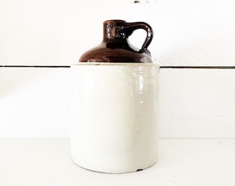 Vintage 9" Tall Stoneware 2 Tone Brown Finger Jug/Stoneware Finger Crock/Old Whiskey Jug