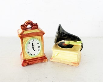 Vintage Ceramic Gramophone and Mantle Clock "Antiques" Themed Salt and Pepper Shakers/Collectible Salt & Pepper/Mother's Day Salt Pepper