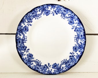 Assiette ancienne 1890-1900 Royal Doulton Burslem « Melrose » Flow Blue 10,25 po./Fabriquée en Angleterre/Assiette plate antique Flow bleu