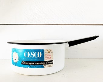 Vintage White and Black Trimmed Cesco Enamelware Saucepan with Original Label/Shabby Chic Enamelware Saucepan with Labeling