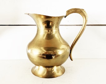 Vintage Wide Solid Brass Pitcher Rustic Brass Tablescape Pitcher Vase Wide Brass Pitcher