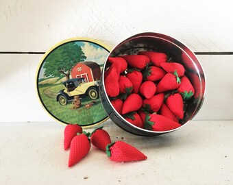 Vintage Antique Car Themed Tin with 24 Fabric Strawberries/Tin of Strawberries