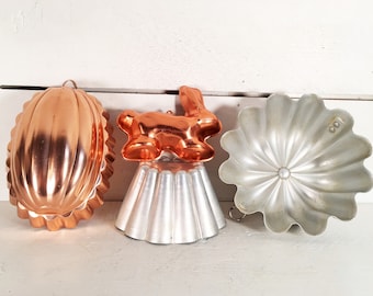 Set of 4 Small Copper and Aluminum Jello/Pudding Molds/Farmhouse Kitchen Jello Mold Collection of 4/Shabby Chic Cake/Pudding Molds/Copper