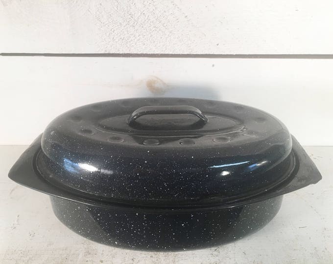 Black and White Speckled Enamelware Small Roasting Pan With Lid