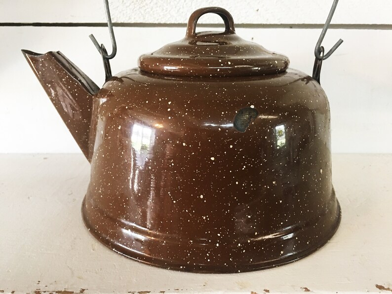 Vintage Brown and White Speckled Enamelware Kettle/farmhouse Etsy