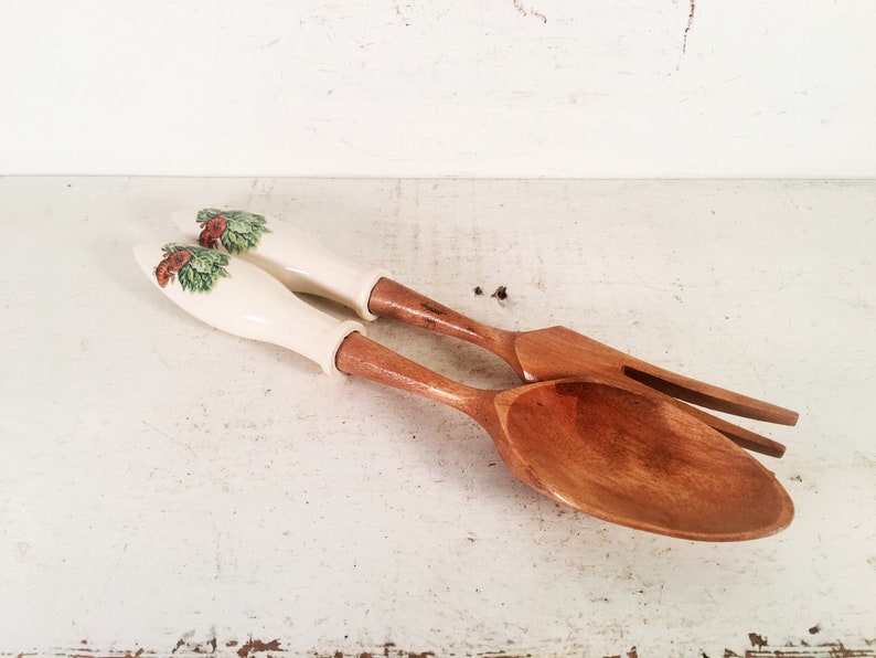 Vintage Wooden and Ceramic Handled Salad ServersFarmhouse Kitchen Onion and Greens Themed Ceramic Handled Salad Fork and Spoon