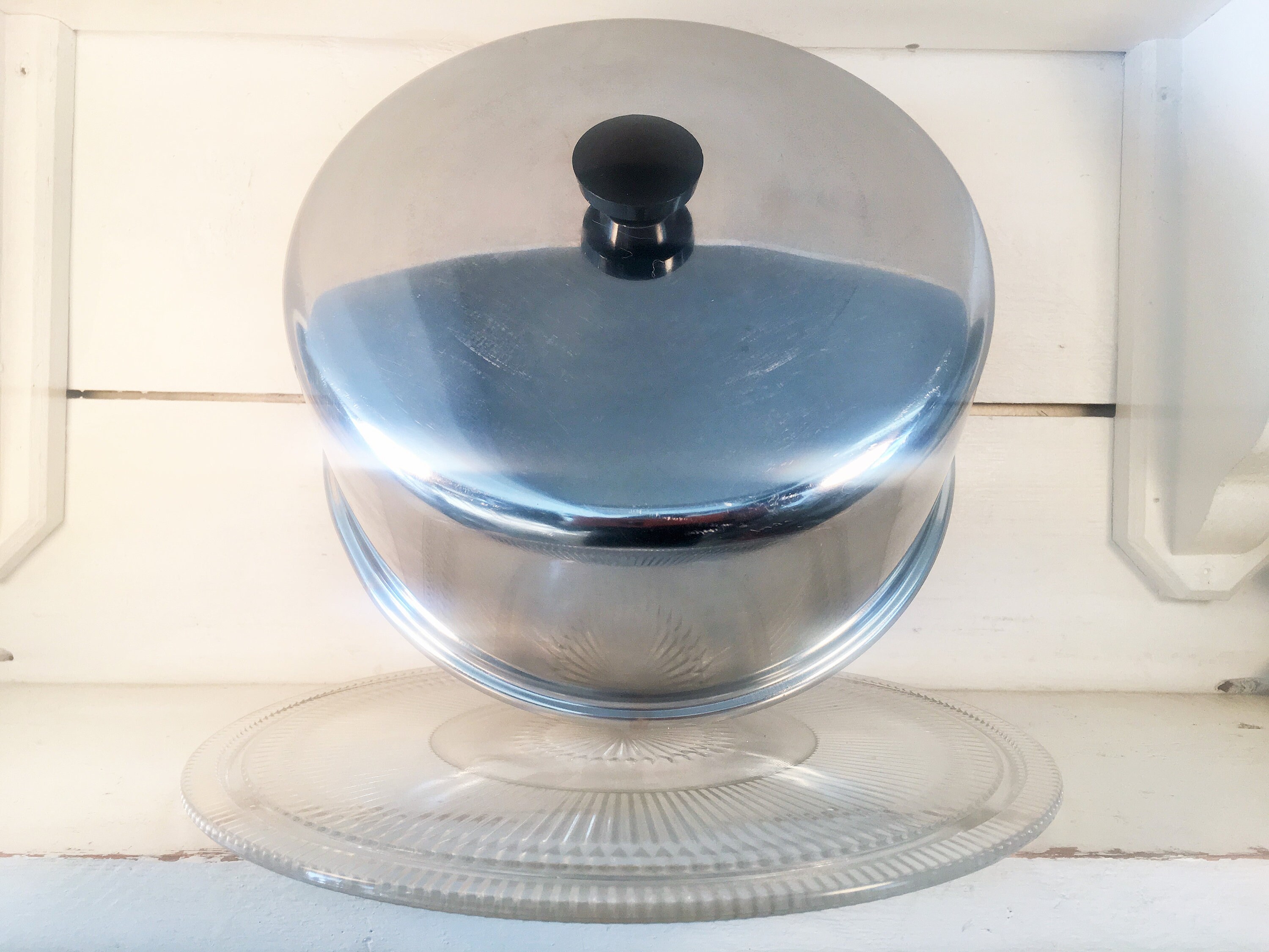 Vintage Stainless Steel Cake Cover With Glass Plate Bottom