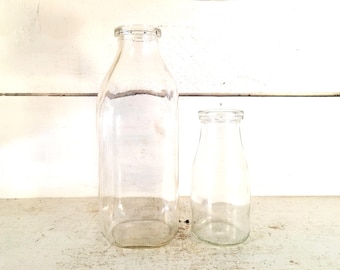 Pair of Vintage Ribbed Rimmed Glass Milk Bottles Farmhouse Kitchen Glass Milk Bottles Half Pint & One Quart Glass Milk Bottles