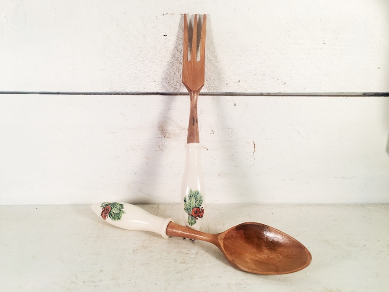 Vintage Wooden and Ceramic Handled Salad ServersFarmhouse Kitchen Onion and Greens Themed Ceramic Handled Salad Fork and Spoon