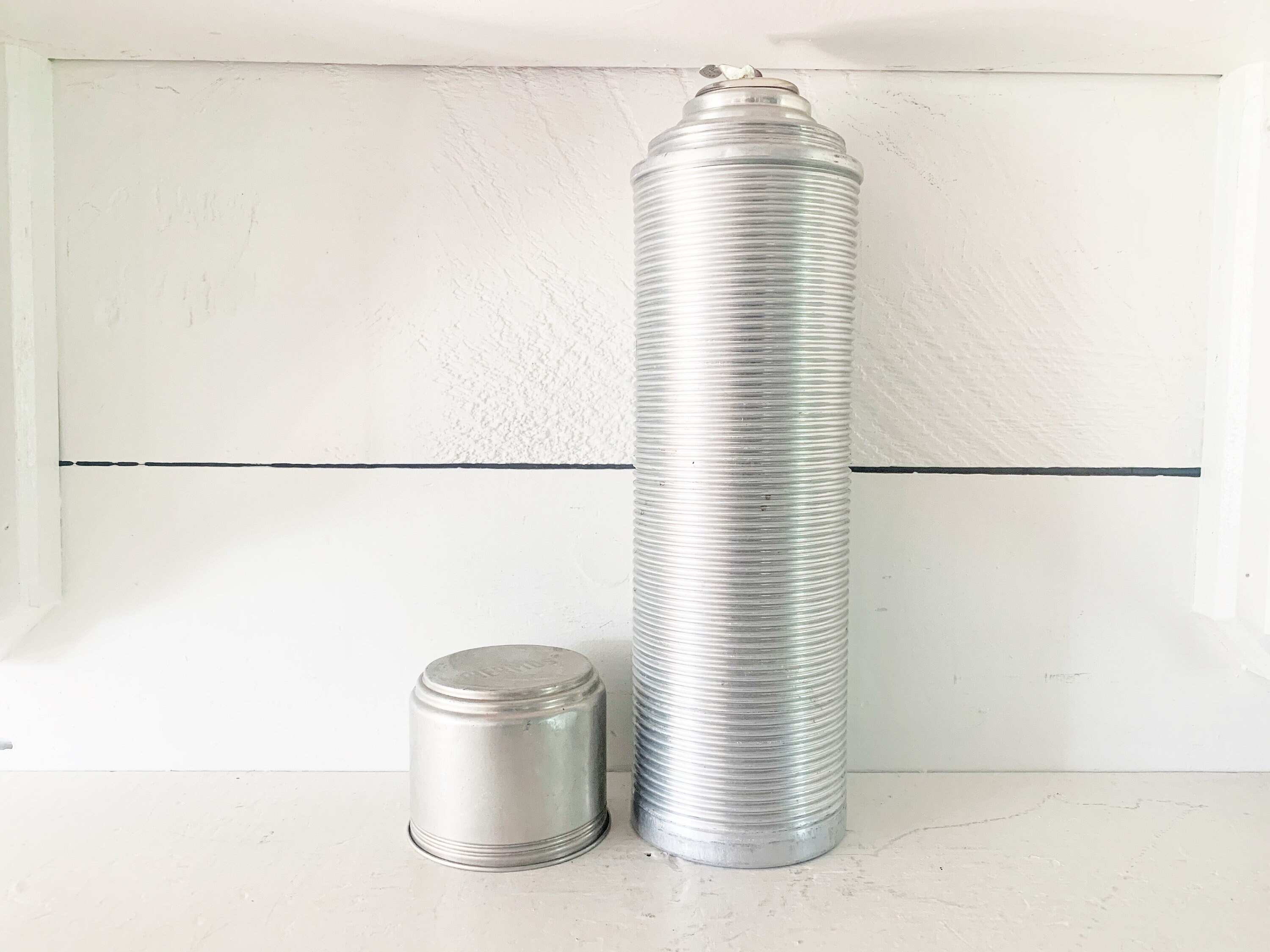 Vintage Aluminum Ribbed Thermos Brand Vacuum Thermos With Glass