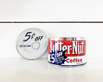 Vintage Butter-Nut Coffee Tin Butter-Nut Regular Grind Coffee Tin 5 Cent Off Decorative Coffee Tin of Omaha, Nebraska Coffee Memorabilia