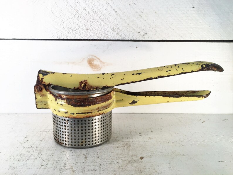 Pale Yellow Farmhouse Kitchen Vintage Potato RicerShabby Chic Kitchen Metal Vintage Potato Handheld RicerOld Farmhouse Metal Potato Masher