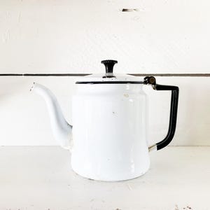 Small Rustic White and Black Trimmed Enamelware Teapot Does NOT Hold Water Farmhouse Kitchen Small Kettle Repaired