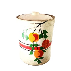 Pote de biscoitos/lata de cerâmica antiga RRP Co. Robinson Ransbottom, com tampa, pintada à mão, inspirada em pêssegos. Arte folclórica.