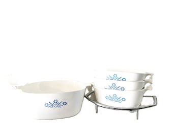 Vintage 5-delige Corning Ware glazen ovenschaal collectie met metalen standaard boerderijkeuken traditionele Corning Ware ovenschalen