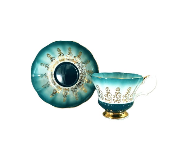 Royal Albert Overture Series Teacup and Saucer Teal Gold English Teacup