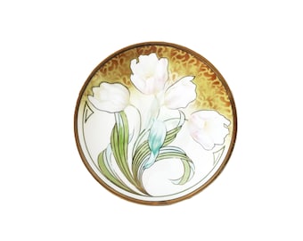 Plato decorativo alemán de colección R S Germany color rosa pálido dorado con diseño de tulipán.