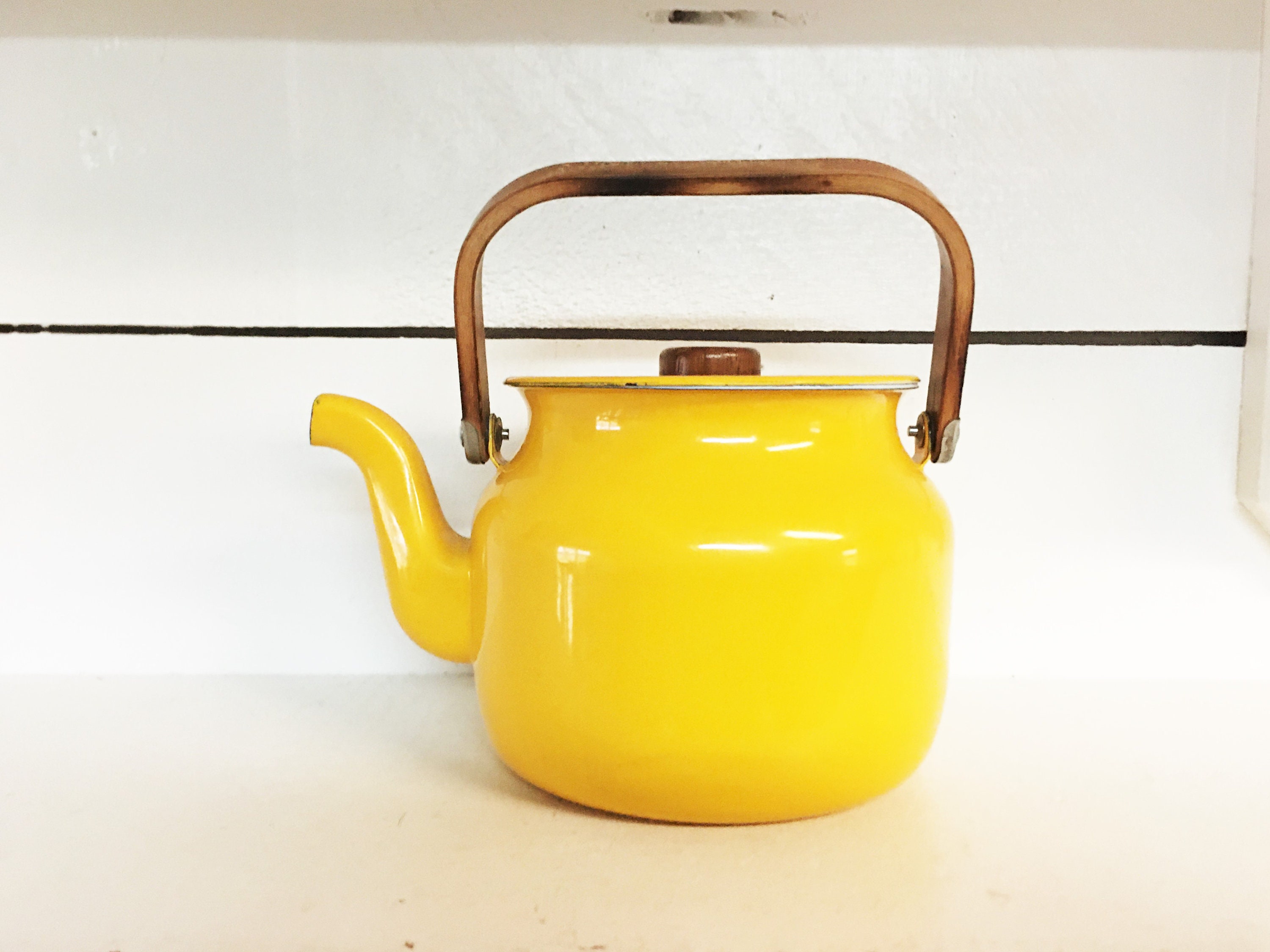Vintage Bright Yellow Enamelware Kettle with Wooden Etsy