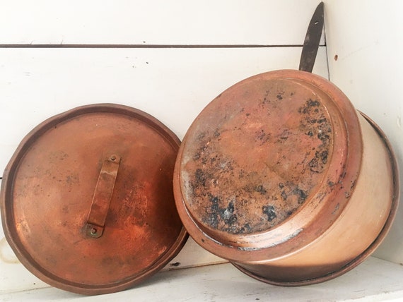 Large Rustic Copper Covered Skillet With Copper Spatulafarmhouse