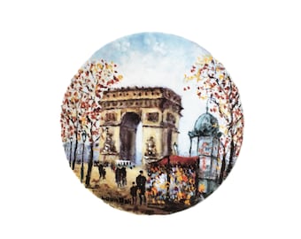 Prato vintage de porcelana Limoges pintado à mão, fabricado na França, com o tema do Arco do Triunfo de Limoges.