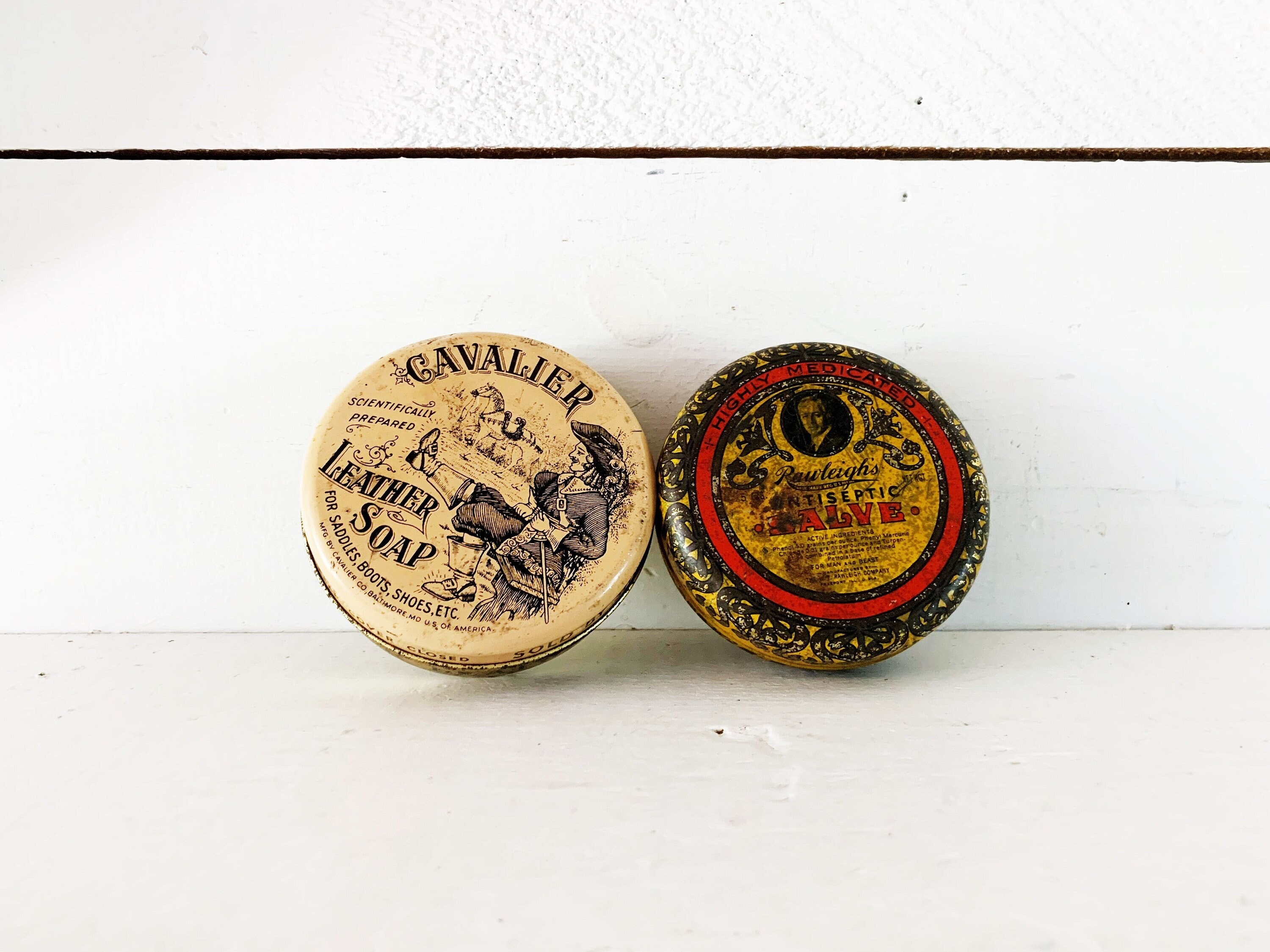 Pair of Antique Circular Tins/cavalier Leather Soap Tin photo