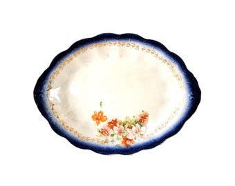 Antyczny Mintons, owalny, pomarańczowo-różowy, kwiatowy talerz do serwowania mięsa, stary, shabby chic, antyczny talerz, wykończenie kobaltem