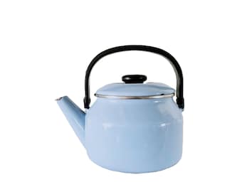 Vintage Baby Blue Enamel Kettle with Black Handle and Silver Trim