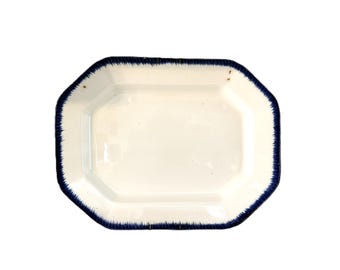 Fuente de servir carne antigua grande de Leeds Flow Blue Feather Edge Pearlware, de loza inglesa antigua.
