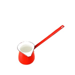 Liten vintage röd och svart trimmad emalj turkisk slev märkt Polen värmekruka lantkök emalj smörvärmare