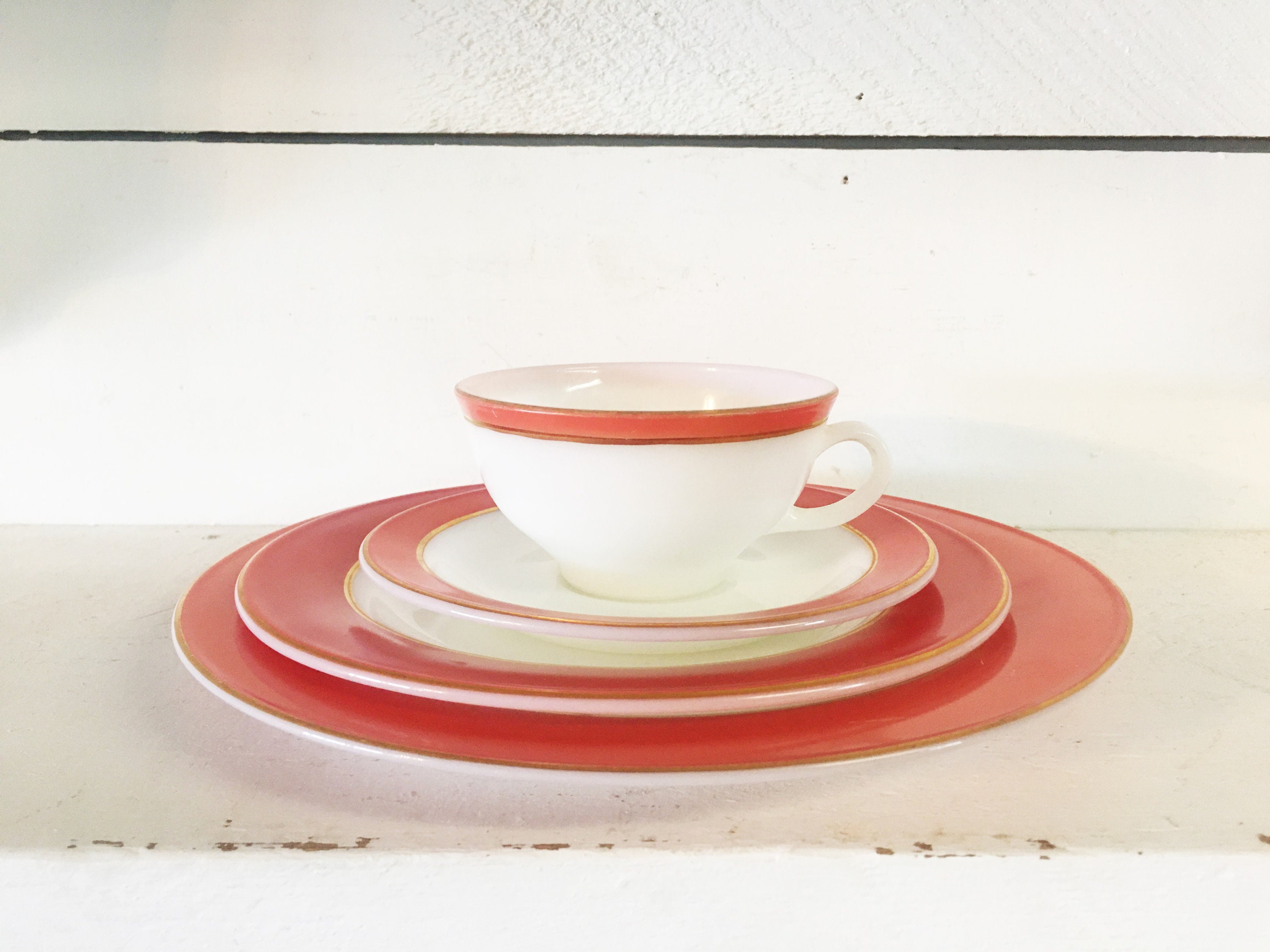 Vintage Pink Flamingo Pyrex Dinner Set, Coral Gold Trimmed