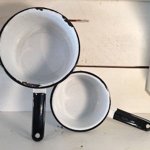 Adorable Set of Two White With A Slight Graniteware Accent With Black Trim Cooking Pots/Farmhouse Style Kitchen Enamelware Stove Top Pots