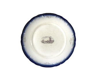 Plato antiguo HR Wyllie: Diseño holandés de cobalto con molino de viento y borde festoneado, 9 pulgadas.
