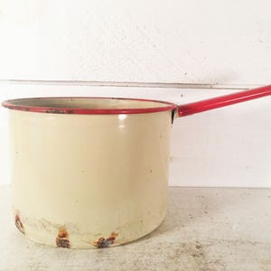 Rustic Beige and Red Trimmed Enamelware Decorative Sauce Pot/Farmhouse Kitchen Rustic Enamelware Pot/Shabby Chic Rustic Pot with Holes
