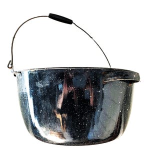 May include: A black enamel pot with a white speckled pattern, featuring a rounded body, a side handle, and a thin metal bail handle with a black plastic grip. The pot has a glossy finish and a wide opening, showing a reflective surface.