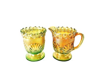 Westmoreland Creamer and Sugar Antique Iridized Shells and Jewels Vintage Green Glass Set Green Glass Creamer and Sugar Dish