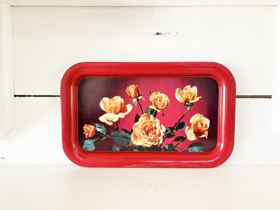 Vintage Rustic Red Metal Tray Featuring Yellow Roses vintage Rose