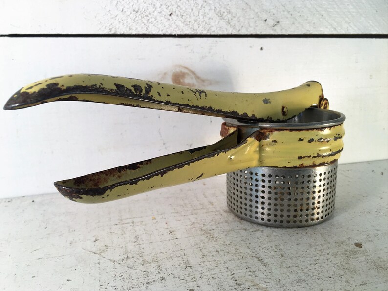Pale Yellow Farmhouse Kitchen Vintage Potato RicerShabby Chic Kitchen Metal Vintage Potato Handheld RicerOld Farmhouse Metal Potato Masher