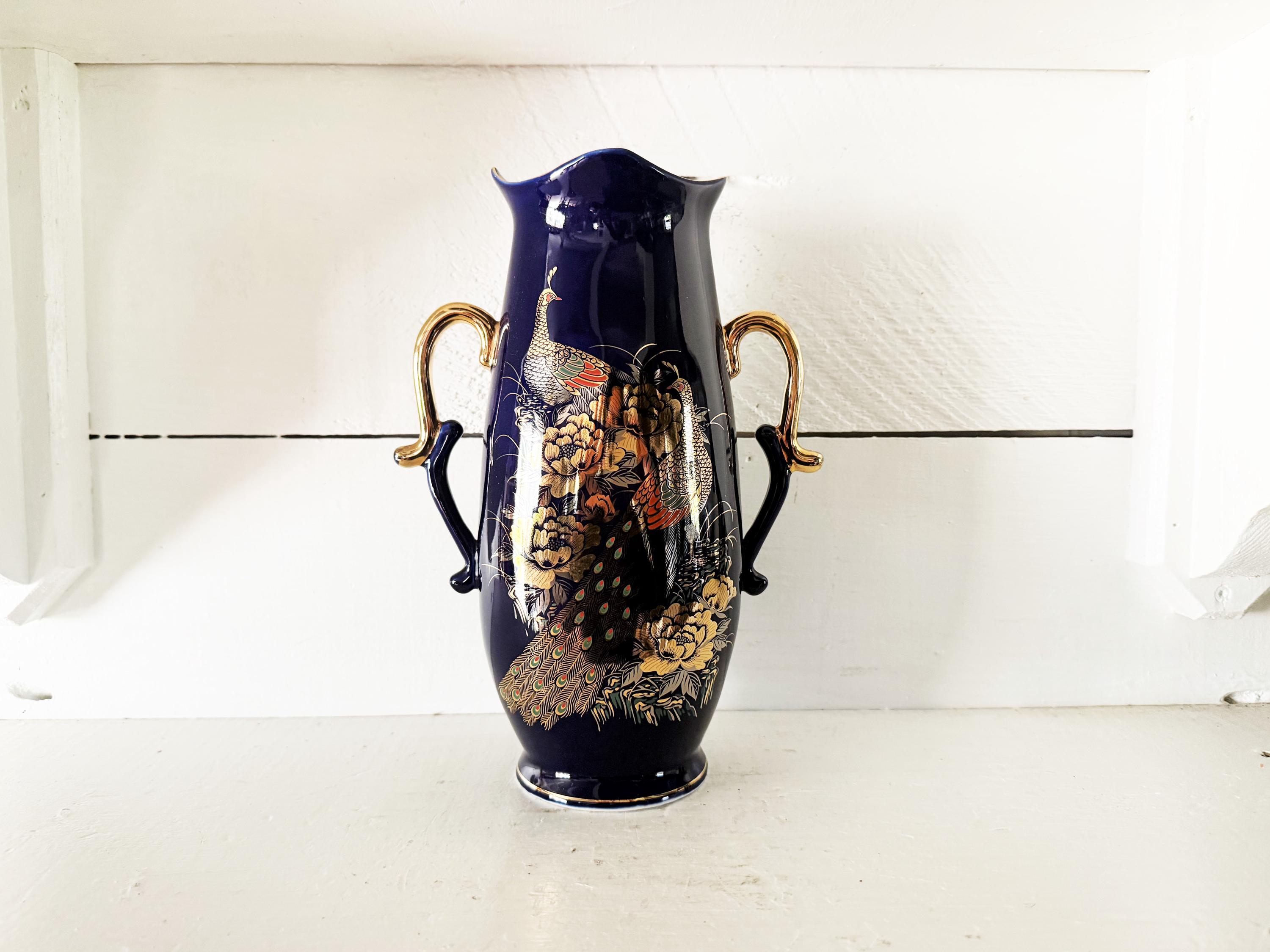 ヴィンテージ 10.5インチ コバルト磁器 日本のアジア風花瓶 花瓶