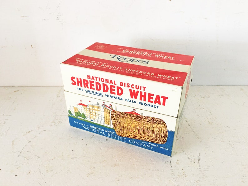 Vintage 1973 Nabisco Shredded Wheat Themed Recipe Box/Old Metal Recipe Box image 1