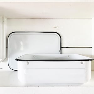 Large Rectangular White and Black Trimmed Enamelware Refrigerator Drawer Box Drawer w/ Original Lid Farm Kitchen Enamel Fridge Box & Lid