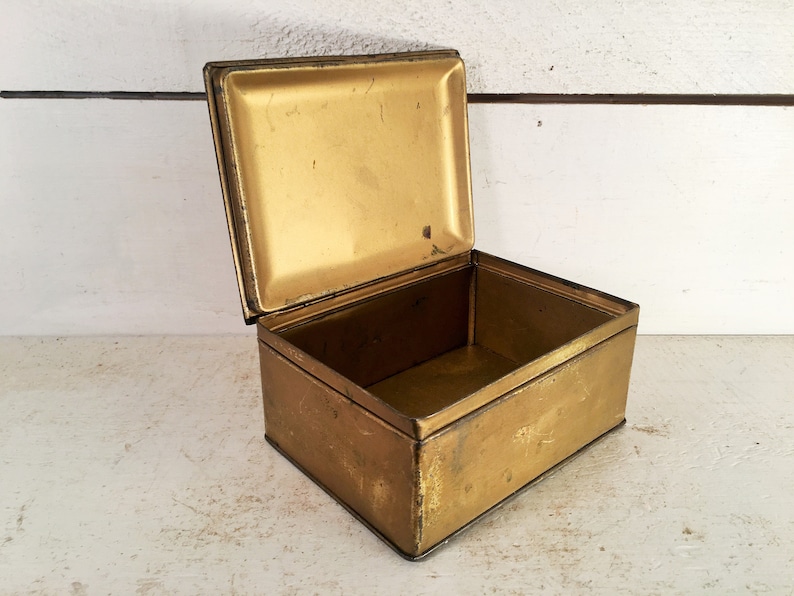 Vintage Gold Tone Metal Tin With Hinged Lid/farmhouse Kitchen Etsy