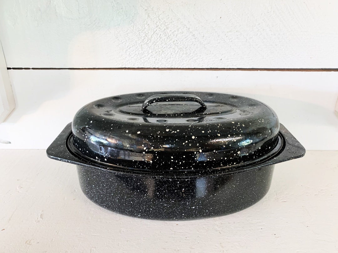 Black and White Speckled Enamelware Small Roasting Pan With Lid