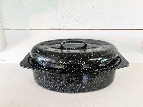 Black and White Speckled Enamelware Small Roasting Pan With Lid/farmhouse  Kitchen Small Oval Shaped Black Enamelware Roasting Pan With Cover 