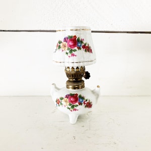 Vintage Small White Porcelain Oil Lamp with Floral Design Working Small Oil Lamp 6.5&quot; Oil Lamp