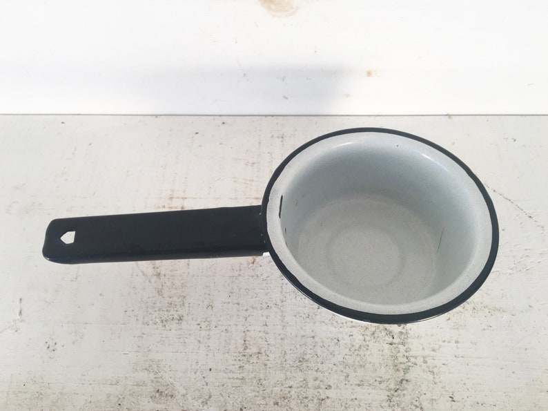 Small White/Gray Speckled and Black Trimmed Enamelware Sauce Pot/Farmhouse Kitchen Small Enamel Saucepan/ Gray Speckled Enamelware Pot image 6